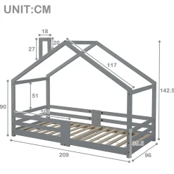 Enfant Okwish Lit enfant 90 x 200 cm - Lit Cabane avec Cheminée Antichute - Bois de Pin - Sans Matelas - Gris