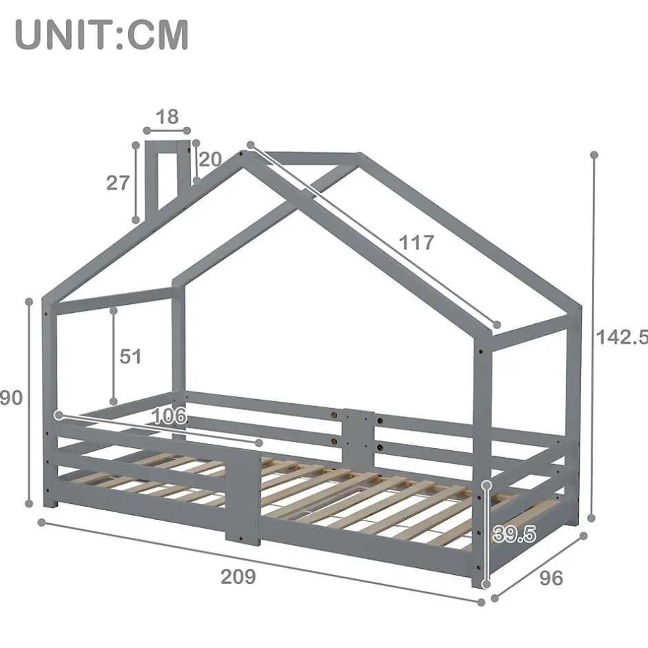 Enfant Okwish Lit enfant 90 x 200 cm - Lit Cabane avec Cheminée Antichute - Bois de Pin - Sans Matelas - Gris