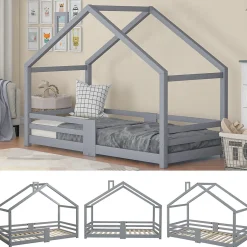 Enfant Okwish Lit enfant 90 x 200 cm - Lit Cabane avec Cheminée Antichute - Bois de Pin - Sans Matelas - Gris