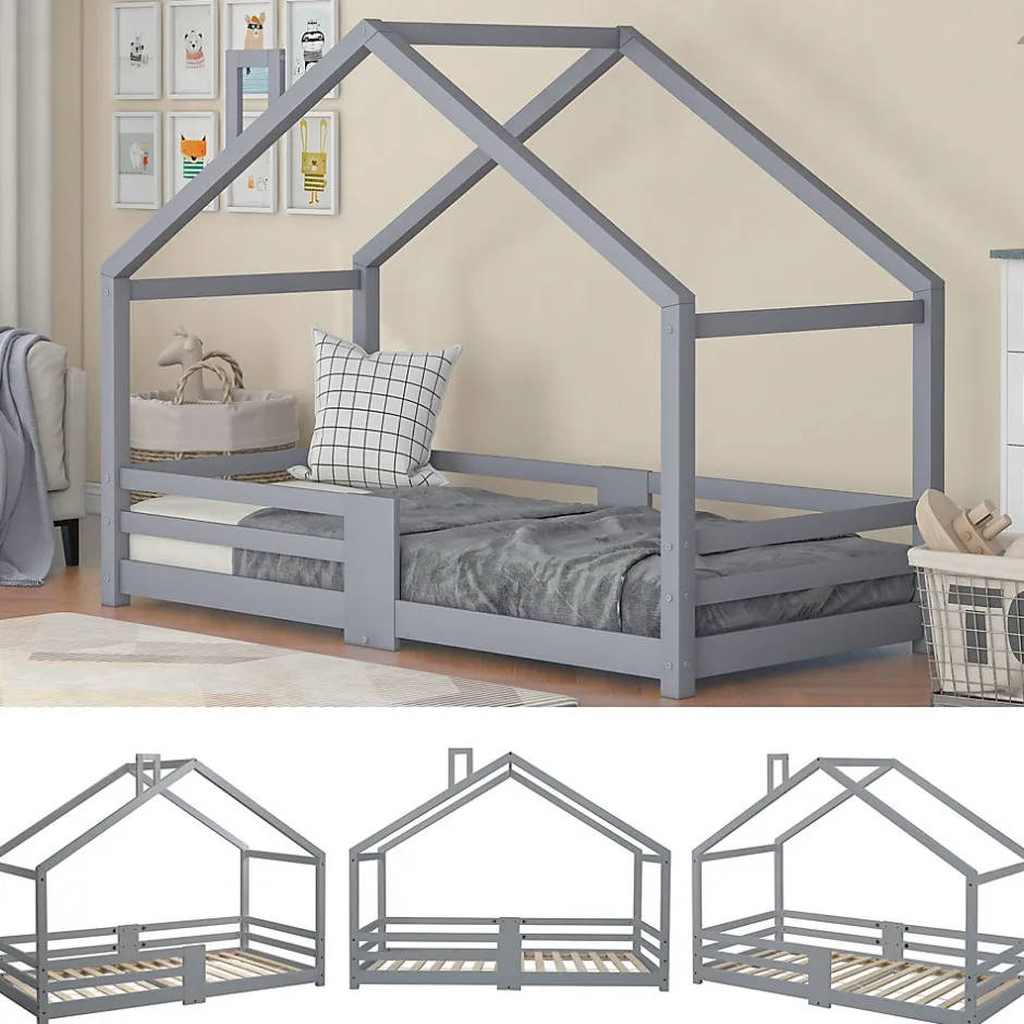 Enfant Okwish Lit enfant 90 x 200 cm - Lit Cabane avec Cheminée Antichute - Bois de Pin - Sans Matelas - Gris