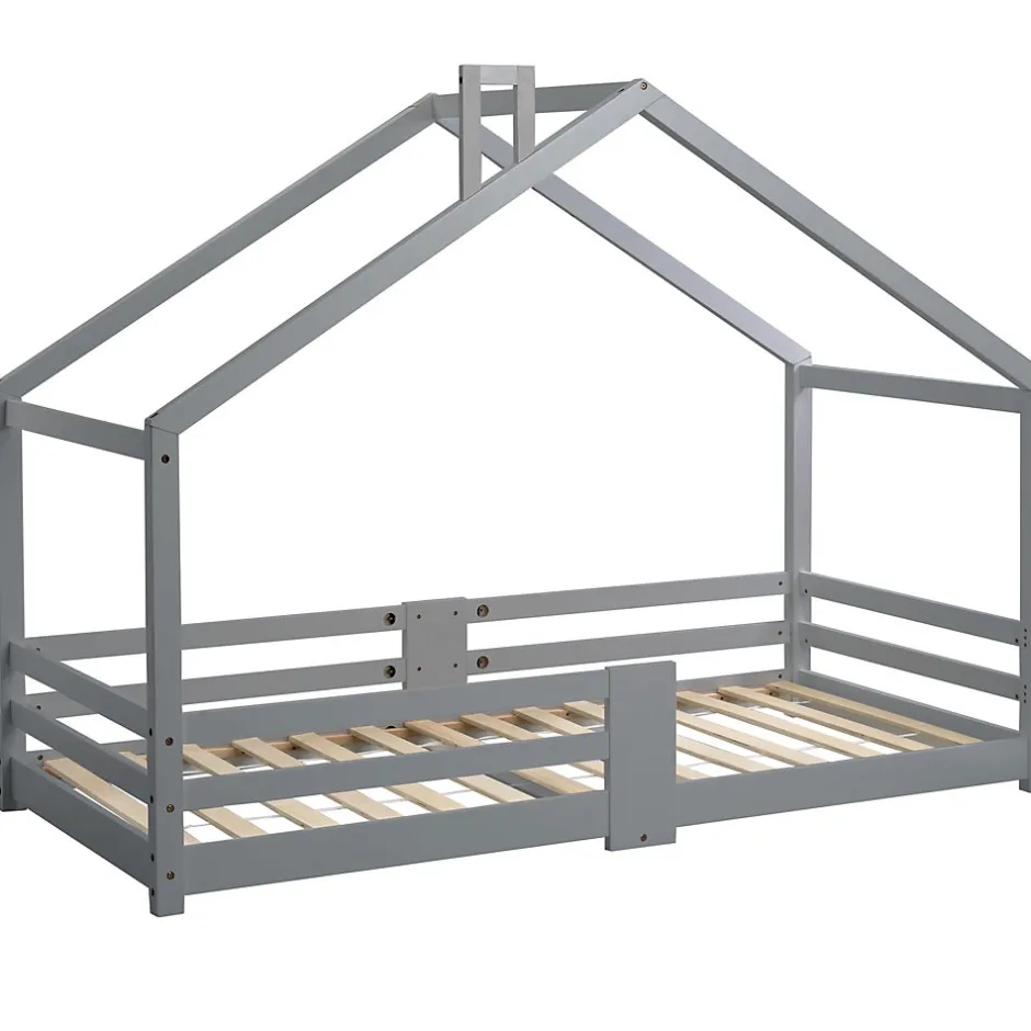 Enfant Okwish Lit enfant 90 x 200 cm - Lit Cabane avec Cheminée Antichute - Bois de Pin - Sans Matelas - Gris