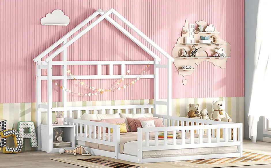 Enfant Fortuna lai Lit Enfant 140 X 200 Cm, Lit Cabane Avec Barrières, Lit Enfant Avec Tables De Chevet, Blanc