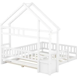 Enfant Fortuna lai Lit Enfant 140 X 200 Cm, Lit Cabane Avec Barrières, Lit Enfant Avec Tables De Chevet, Blanc