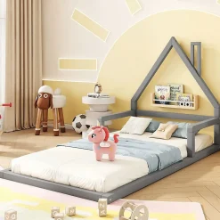 Enfant Blackcolors Lit enfant 90 x 200 cm, lit plat en forme de maison, pin gris,