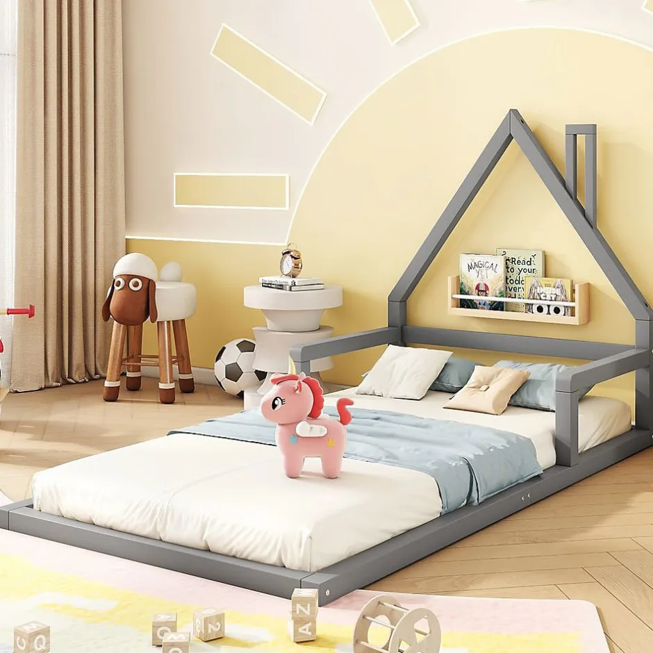 Enfant Blackcolors Lit enfant 90 x 200 cm, lit plat en forme de maison, pin gris,