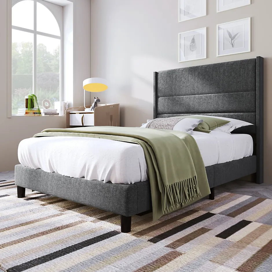 Seyakany Lit enfant 90 x 200 cm, lit simple capitonné, avec sommier à lattes, design moderne, tissu en lin, matelas non inclus, gris