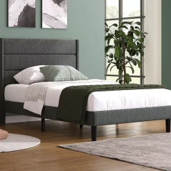 Seyakany Lit enfant 90 x 200 cm, lit simple capitonné, avec sommier à lattes, design moderne, tissu en lin, matelas non inclus, gris