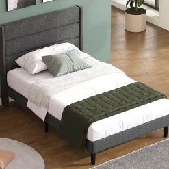 Seyakany Lit enfant 90 x 200 cm, lit simple capitonné, avec sommier à lattes, design moderne, tissu en lin, matelas non inclus, gris