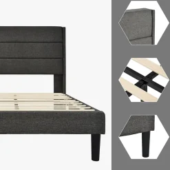 Seyakany Lit enfant 90 x 200 cm, lit simple capitonné, avec sommier à lattes, design moderne, tissu en lin, matelas non inclus, gris