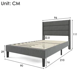 Seyakany Lit enfant 90 x 200 cm, lit simple capitonné, avec sommier à lattes, design moderne, tissu en lin, matelas non inclus, gris