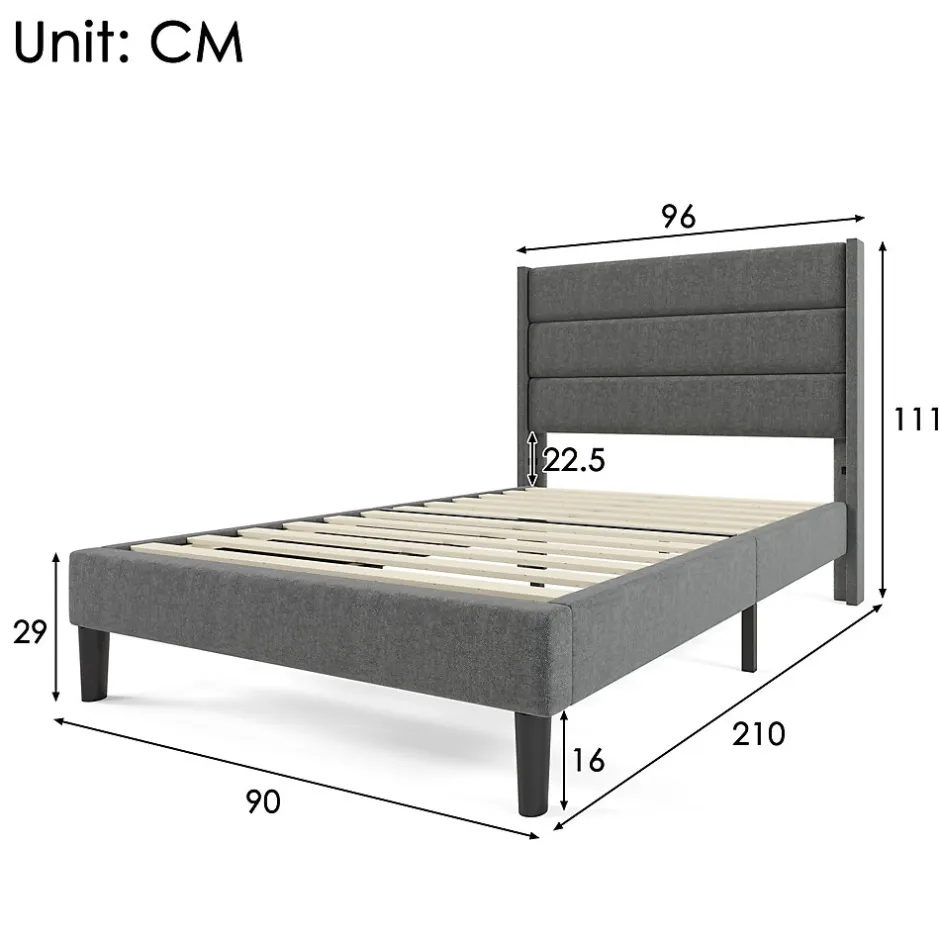 Seyakany Lit enfant 90 x 200 cm, lit simple capitonné, avec sommier à lattes, design moderne, tissu en lin, matelas non inclus, gris
