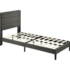 Seyakany Lit enfant 90 x 200 cm, lit simple capitonné, avec sommier à lattes, design moderne, tissu en lin, matelas non inclus, gris