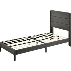 Seyakany Lit enfant 90 x 200 cm, lit simple capitonné, avec sommier à lattes, design moderne, tissu en lin, matelas non inclus, gris
