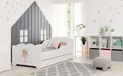 Htmeubles Lit enfant ALMENA avec tiroir matelas et cadre inclus - Fée rose - 140 cm x 70 cm Sale