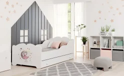 Htmeubles Lit enfant ALMENA avec tiroir matelas et cadre inclus - Princesse et lune - 140 cm x 70 cm Hot
