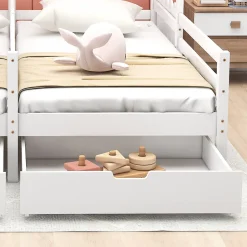 Okwish Lit enfant Cabane 90x200 cm - Lit avec Toit et Fenêtres, 2 Tiroirs MDF avec Roulettes, Cadre en Pin Blanc - Sans Matelas Sale