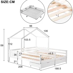 Okwish Lit enfant Cabane 90x200 cm - Lit avec Toit et Fenêtres, 2 Tiroirs MDF avec Roulettes, Cadre en Pin Blanc - Sans Matelas Sale
