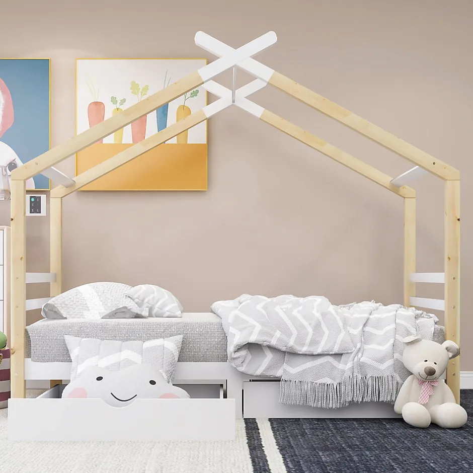 Enfant Okwish Lit enfant Cabane 90x200 cm avec Tiroirs - Lit Montessori en Bois de Pin Massif - design Scandinave - Blanc