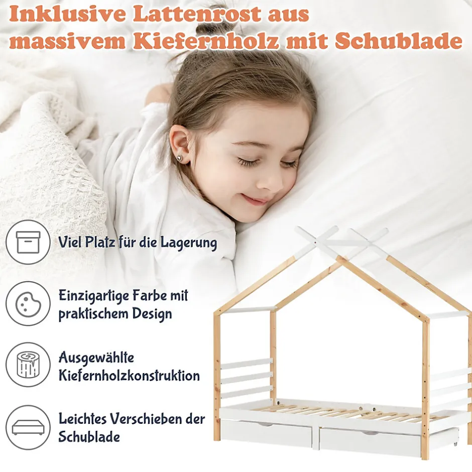 Enfant Okwish Lit enfant Cabane 90x200 cm avec Tiroirs - Lit Montessori en Bois de Pin Massif - design Scandinave - Blanc