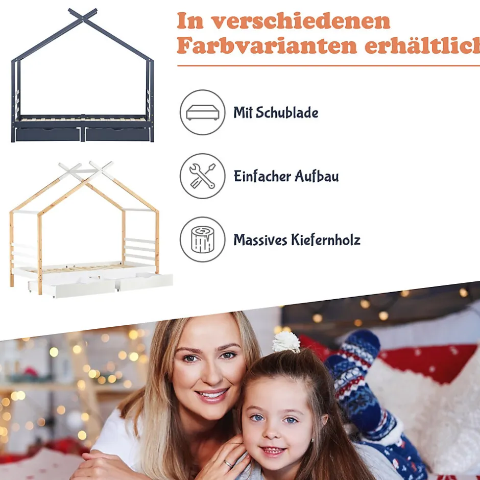 Enfant Okwish Lit enfant Cabane 90x200 cm avec Tiroirs - Lit Montessori en Bois de Pin Massif - design Scandinave - Blanc