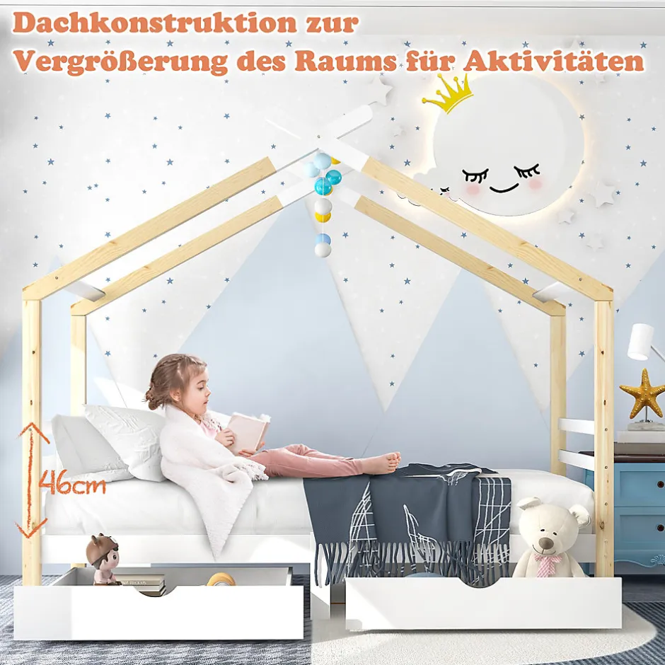 Enfant Okwish Lit enfant Cabane 90x200 cm avec Tiroirs - Lit Montessori en Bois de Pin Massif - design Scandinave - Blanc