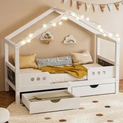 Okwish Lit enfant cabane 90x200 cm en bois - Lit simple stable pour chambre junior - Sans matelas - Design classique - Blanc Discount
