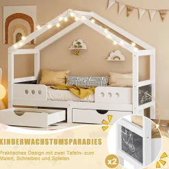 Okwish Lit enfant cabane 90x200 cm en bois - Lit simple stable pour chambre junior - Sans matelas - Design classique - Blanc Discount