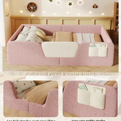 ModernLuxe Lit enfant capitonné 140x190 cm - avec barrières de sécurité amovibles - avec sac de rangement - rose (matelas non inclus) Outlet