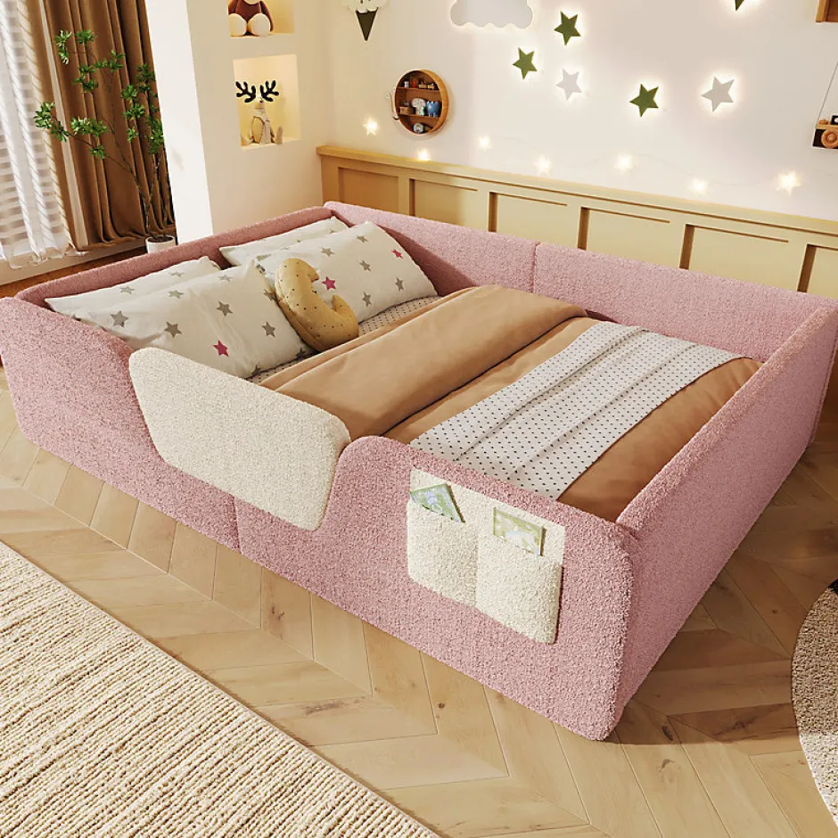 ModernLuxe Lit enfant capitonné 140x190 cm - avec barrières de sécurité amovibles - avec sac de rangement - rose (matelas non inclus) Outlet