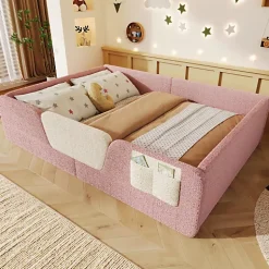 ModernLuxe Lit enfant capitonné 140x190 cm - avec barrières de sécurité amovibles - avec sac de rangement - rose (matelas non inclus) Outlet