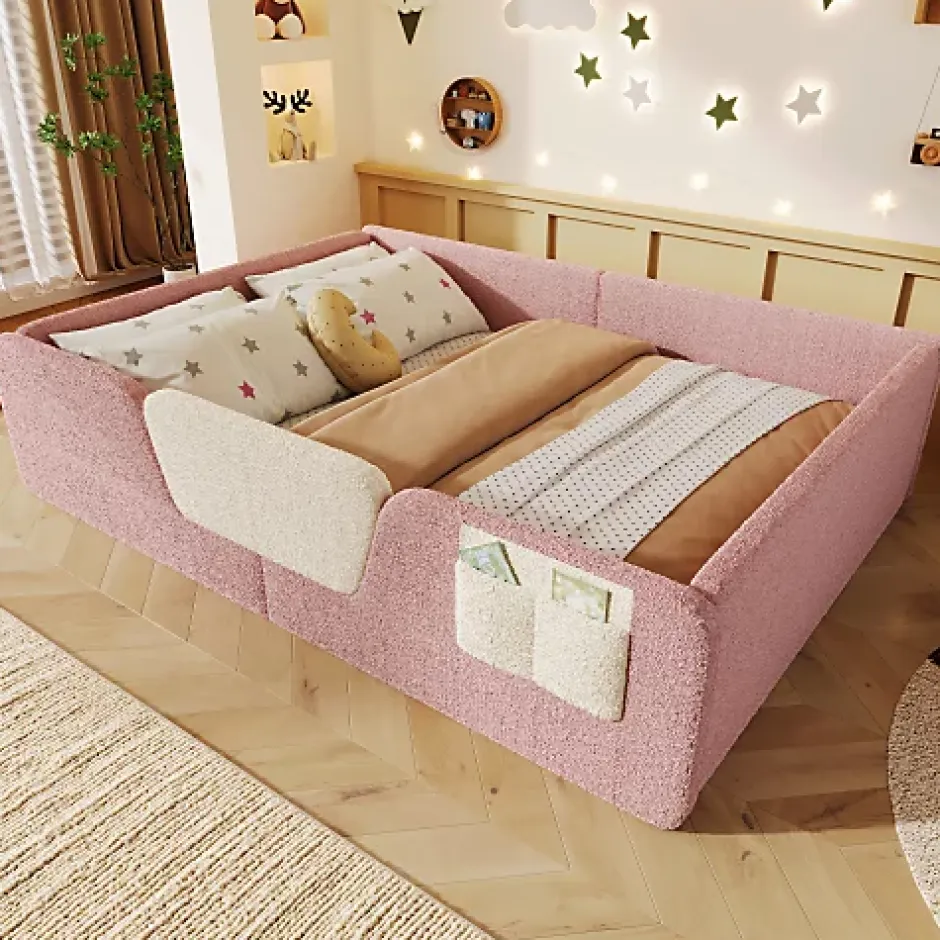 ModernLuxe Lit enfant capitonné 140x190 cm - avec barrières de sécurité amovibles - avec sac de rangement - rose (matelas non inclus) Outlet