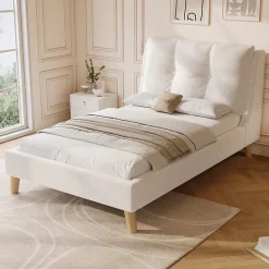 ModernLuxe Lit enfant capitonné 90x200cm - Tête de lit capitonnée - Oreillers réglables - Pieds en bois massif - Velours - Beige Sale