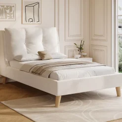 ModernLuxe Lit enfant capitonné 90x200cm - Tête de lit capitonnée - Oreillers réglables - Pieds en bois massif - Velours - Beige Sale