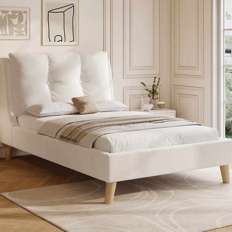 ModernLuxe Lit enfant capitonné 90x200cm - Tête de lit capitonnée - Oreillers réglables - Pieds en bois massif - Velours - Beige Sale