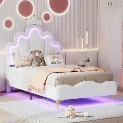 ProximaX Lit enfant capitonné 90x200cm en PU, lit simple avec éclairage LED tête et pied de lit, chargeur EU inclus, Blanc