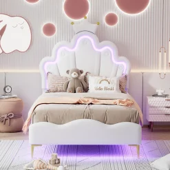 ProximaX Lit enfant capitonné 90x200cm en PU, lit simple avec éclairage LED tête et pied de lit, chargeur EU inclus, Blanc