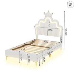 ProximaX Lit enfant capitonné 90x200cm en PU, lit simple avec éclairage LED tête et pied de lit, chargeur EU inclus, Blanc