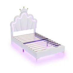 ProximaX Lit enfant capitonné 90x200cm en PU, lit simple avec éclairage LED tête et pied de lit, chargeur EU inclus, Blanc