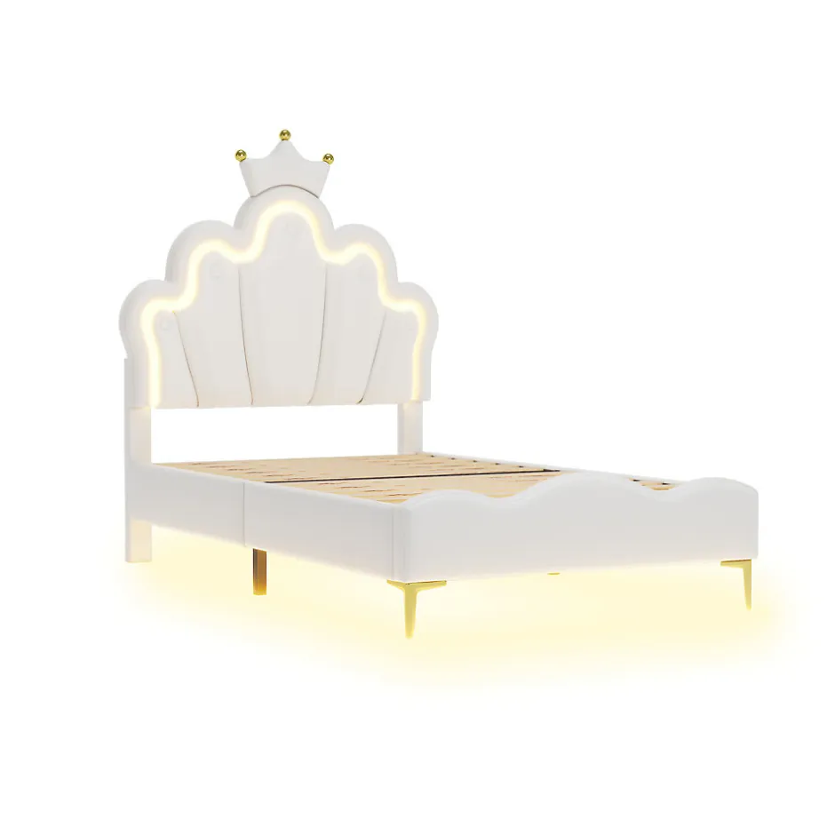ProximaX Lit enfant capitonné 90x200cm en PU, lit simple avec éclairage LED tête et pied de lit, chargeur EU inclus, Blanc