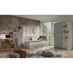 Meublorama Lit enfant ELYO 90x200 cm Avec tiroirs, niches et étagères Gris, blanc & chene clair