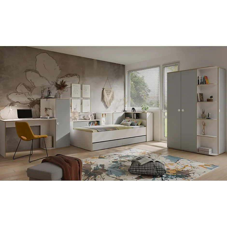 Meublorama Lit enfant ELYO 90x200 cm Avec tiroirs, niches et étagères Gris, blanc & chene clair