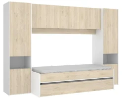 Pegane Lit enfant gigogne 90 x 190 cm coloris blanc /chêne + armoire - Longueur 302 x Hauteur 203 x Profondeur 97 cm