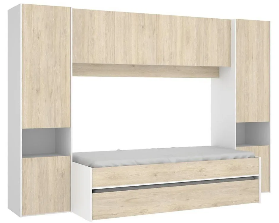 Pegane Lit enfant gigogne 90 x 190 cm coloris blanc /chêne + armoire - Longueur 302 x Hauteur 203 x Profondeur 97 cm