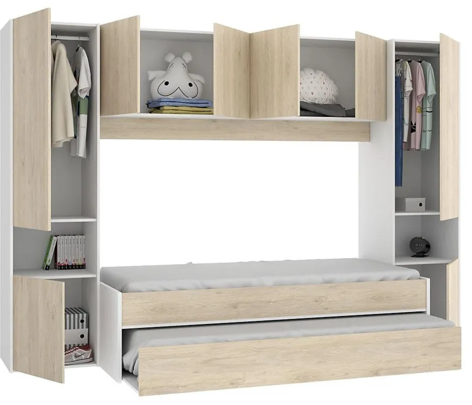 Pegane Lit enfant gigogne 90 x 190 cm coloris blanc /chêne + armoire - Longueur 302 x Hauteur 203 x Profondeur 97 cm