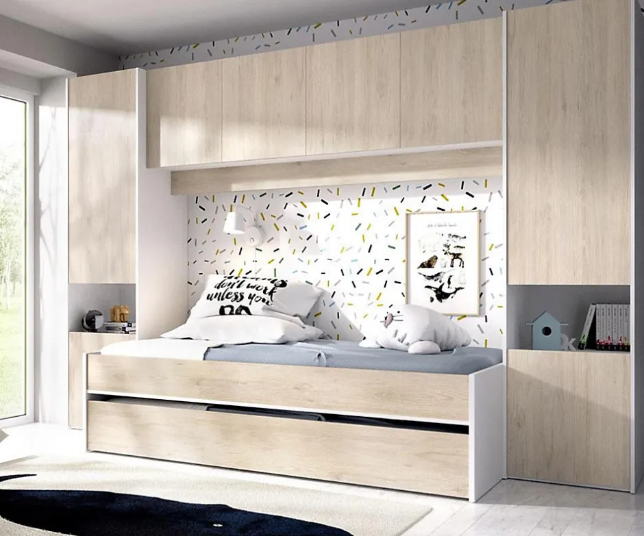 Pegane Lit enfant gigogne 90 x 190 cm coloris blanc /chêne + armoire - Longueur 302 x Hauteur 203 x Profondeur 97 cm