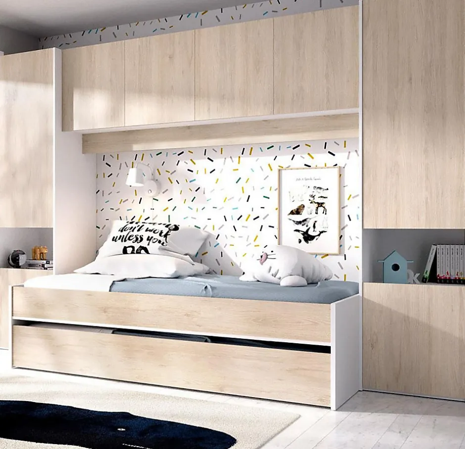 Pegane Lit enfant gigogne 90 x 190 cm coloris blanc /chêne + armoire - Longueur 302 x Hauteur 203 x Profondeur 97 cm