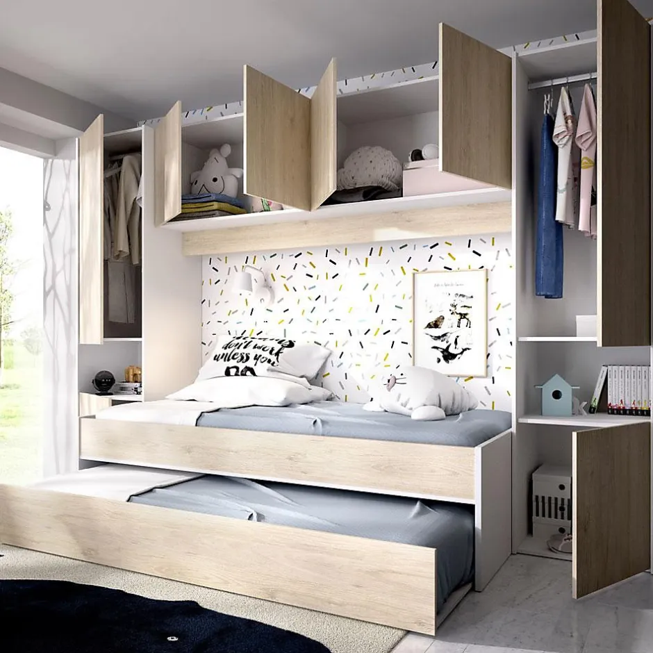 Pegane Lit enfant gigogne 90 x 190 cm coloris blanc /chêne + armoire - Longueur 302 x Hauteur 203 x Profondeur 97 cm