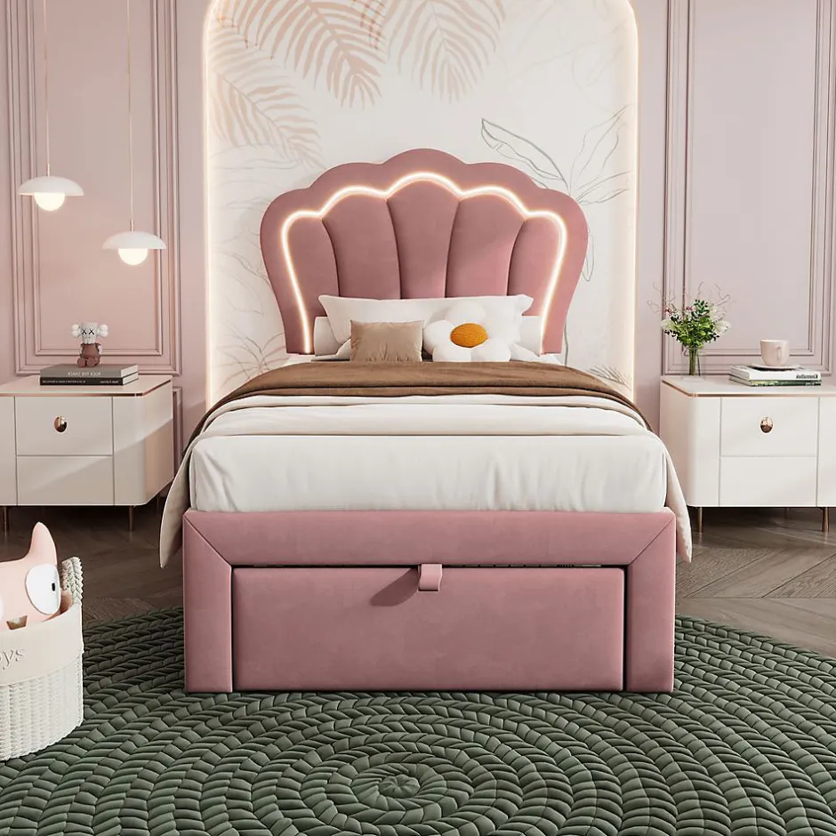 Blackcolors Lit enfant LED 90X200cm Tiroirs Contrôle par application mobile Rose Hot