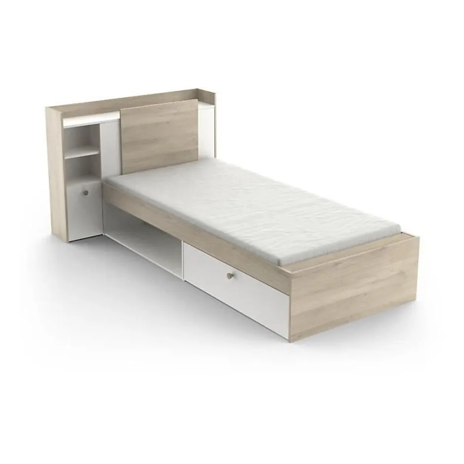 Demeyere Lit enfant LIFE 1 personne - 90X190/200 - Rangements - Décor Chene et blanc - - Fabriqué en France Outlet