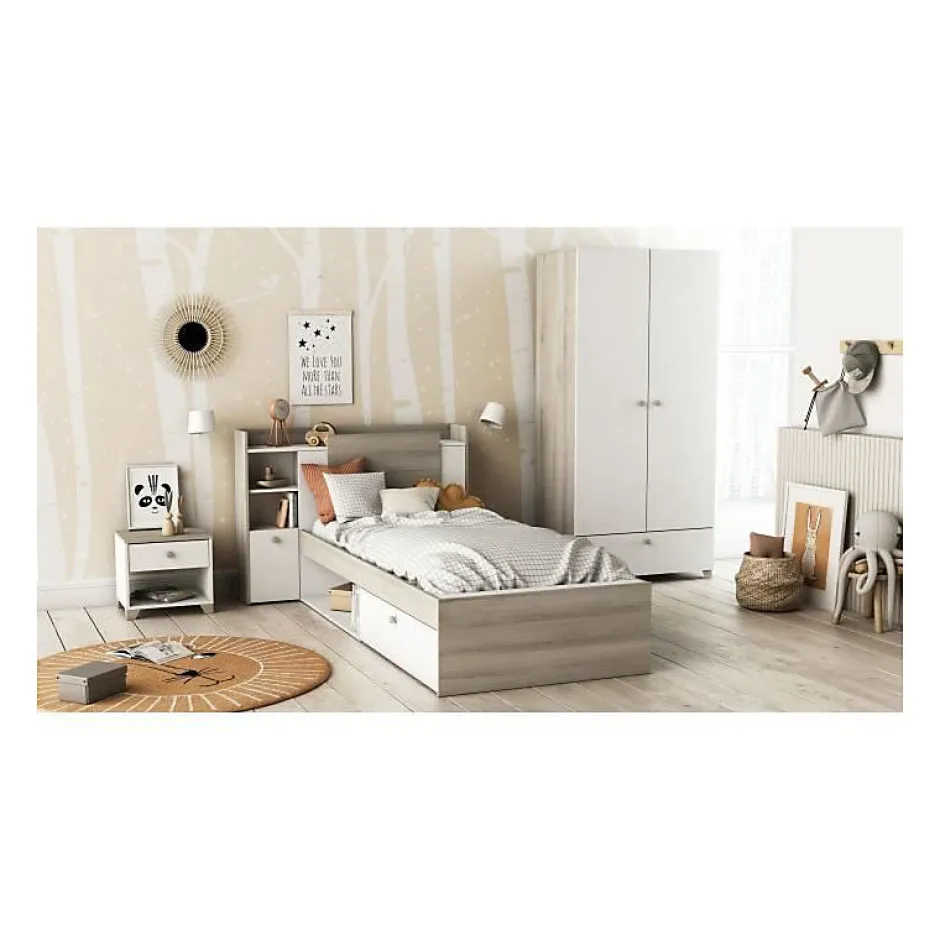 Demeyere Lit enfant LIFE 1 personne - 90X190/200 - Rangements - Décor Chene et blanc - - Fabriqué en France Outlet